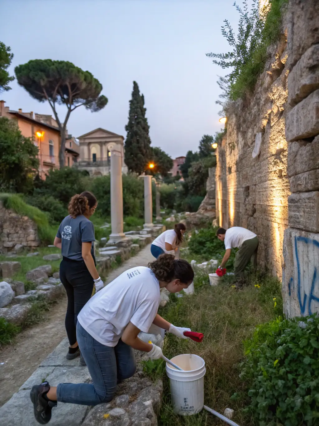 A photograph of volunteers carefully cleaning and restoring an ancient Roman mosaic floor in Saulieu, showcasing the meticulous work involved in preserving archaeological heritage.