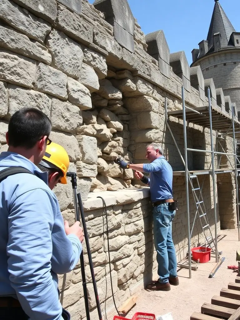 A photograph of volunteers working on the restoration of a historical building in Saulieu, showcasing the organization's commitment to preserving local heritage.