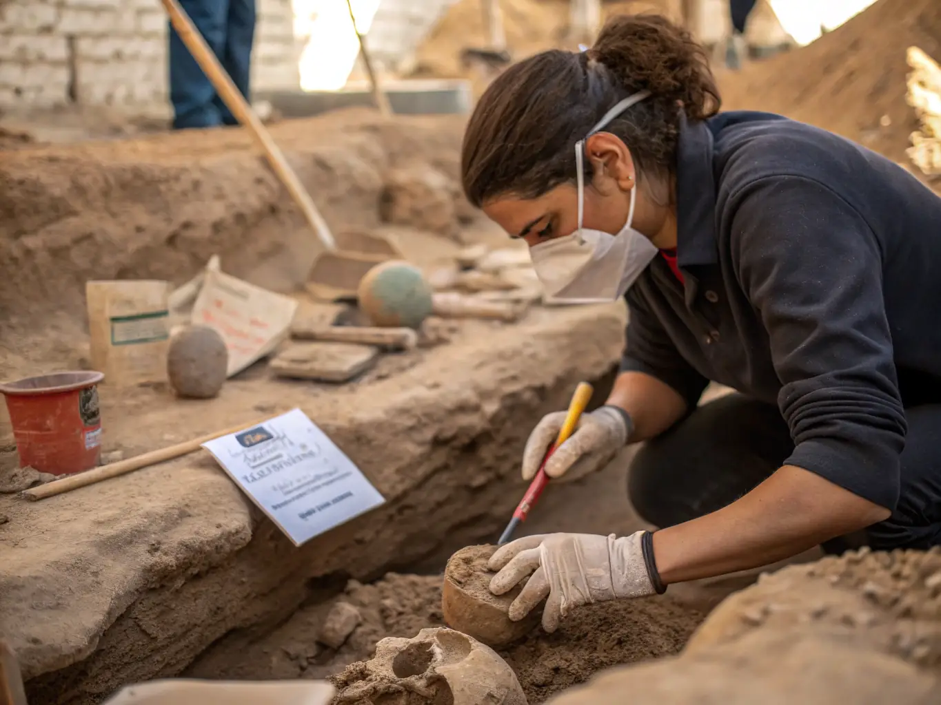 A photograph of an archaeological dig site in Saulieu, showing researchers carefully excavating and documenting artifacts, emphasizing the organization's dedication to archaeological research.