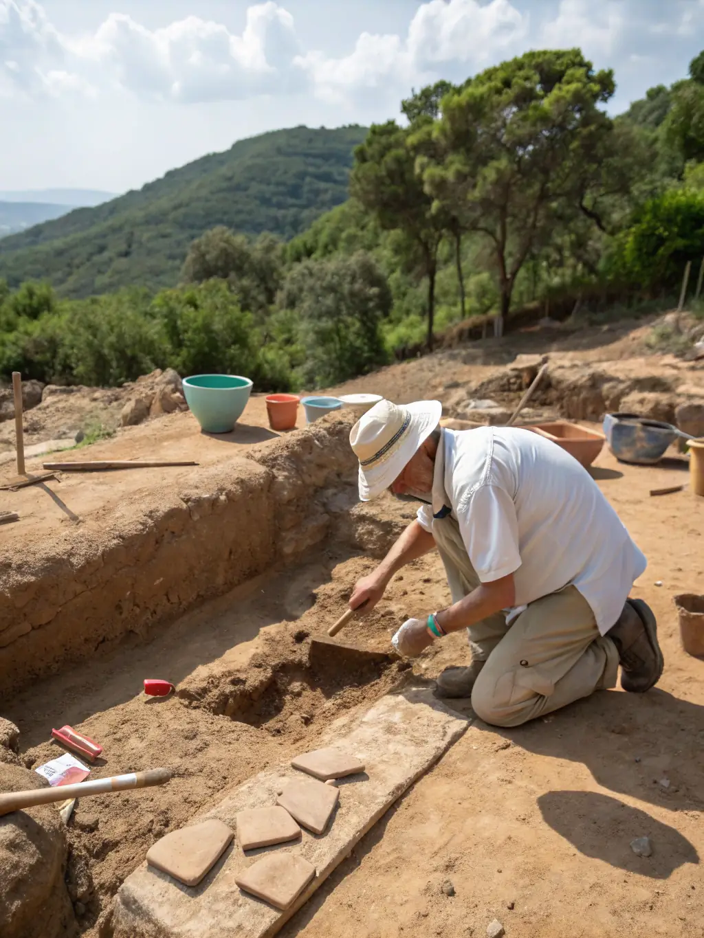 A picture of an archaeologist carefully excavating a site in Saulieu, highlighting the association's involvement in archaeological research.