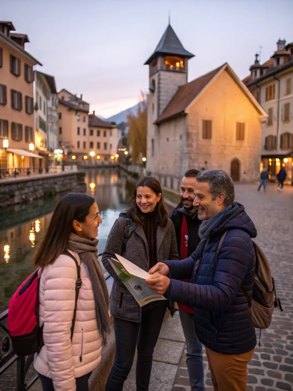 A photograph of a guided tour group exploring the historic streets of Saulieu, led by a knowledgeable guide who is pointing out architectural details.