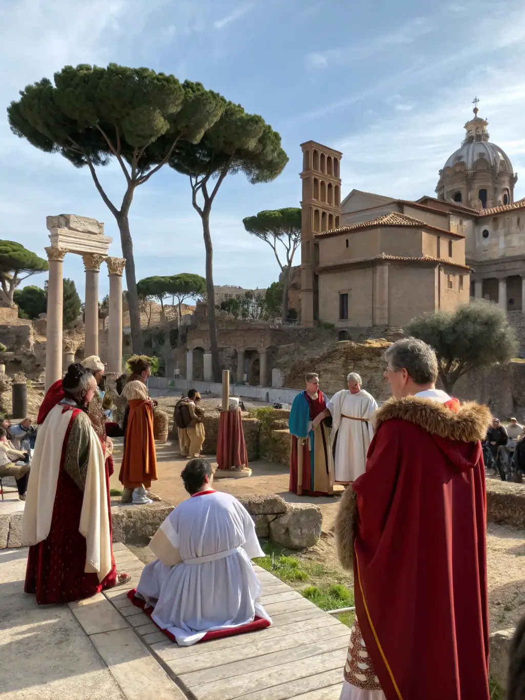 A vibrant image of participants in a historical reenactment event in Saulieu, dressed in period costumes and engaging with the public.