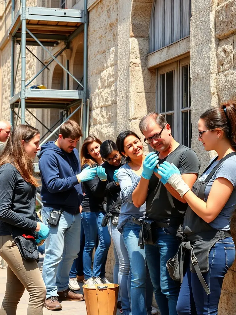 A photograph of volunteers working on the restoration of a historical building in Saulieu, showcasing the association's commitment to preserving local architecture.