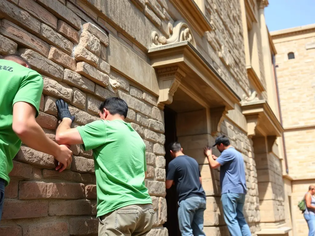 A photograph depicting volunteers working on the restoration of a historical building in Saulieu, showcasing the organization's commitment to preserving architectural heritage.
